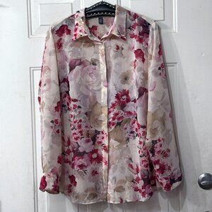 Chaps Sz 1X Semi Sheer Blouse Butto Up Long Sleeve Bleated Back Multi Floral